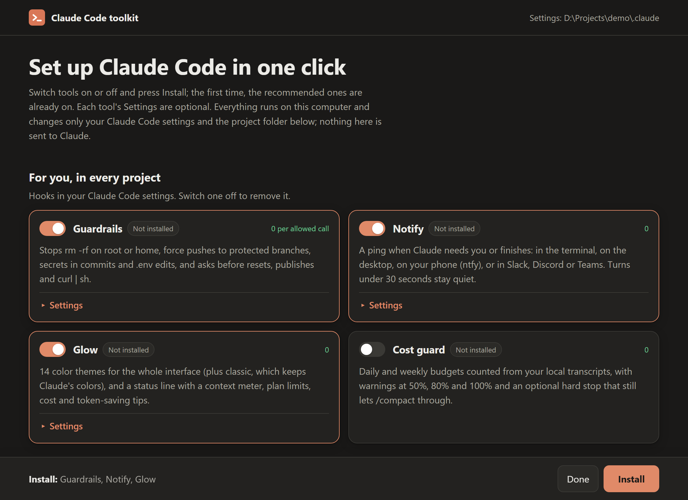 The setup page: guardrails, notify and glow already switched on, each with its token cost and settings, and one Install button